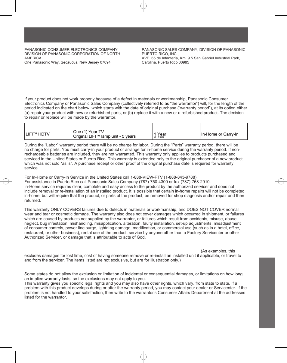 Limited warranty (for u.s.a.), Panasonic lifi™ hdtv limited warranty, Information | Panasonic PT-61LCZ7 User Manual | Page 65 / 68