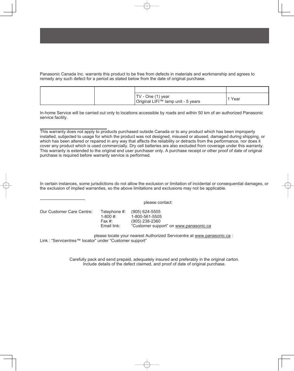 Limited warranty (for canada) | Panasonic PT-61LCZ7 User Manual | Page 66 / 68