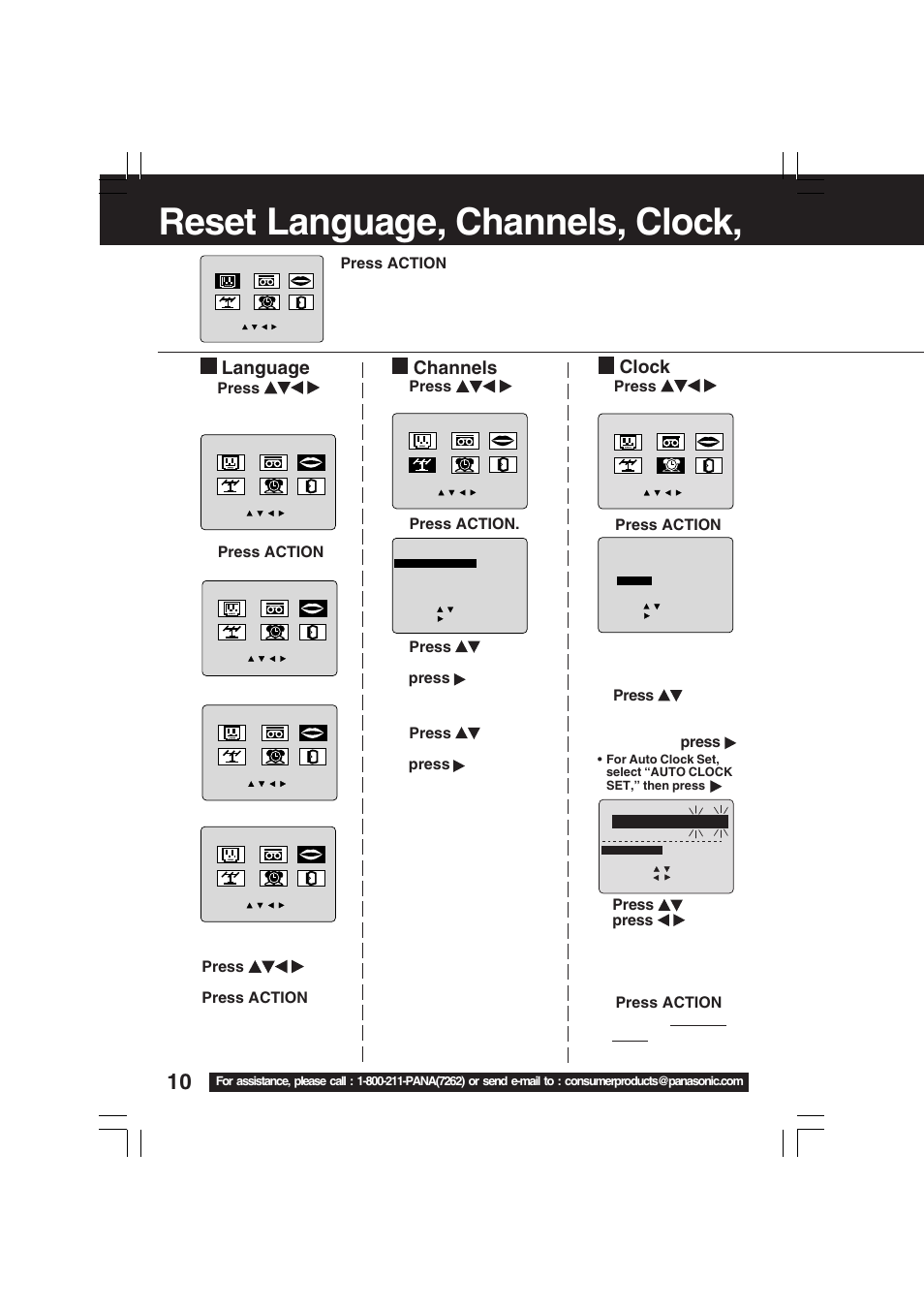 Basic operation, Reset language, channels, clock, time zone adjust, Reset language, channels, clock | Language, Channels clock | Panasonic PV-C1323A User Manual | Page 10 / 40