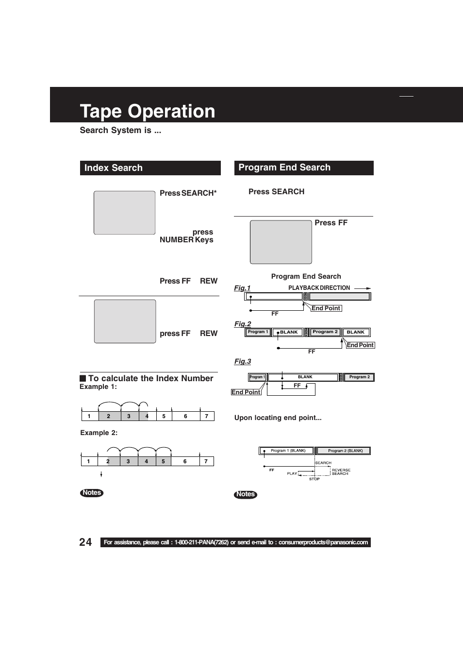 Advanced operation, Tape operation, Program end search | Index search, Search system is | Panasonic PV-C1323A User Manual | Page 24 / 40