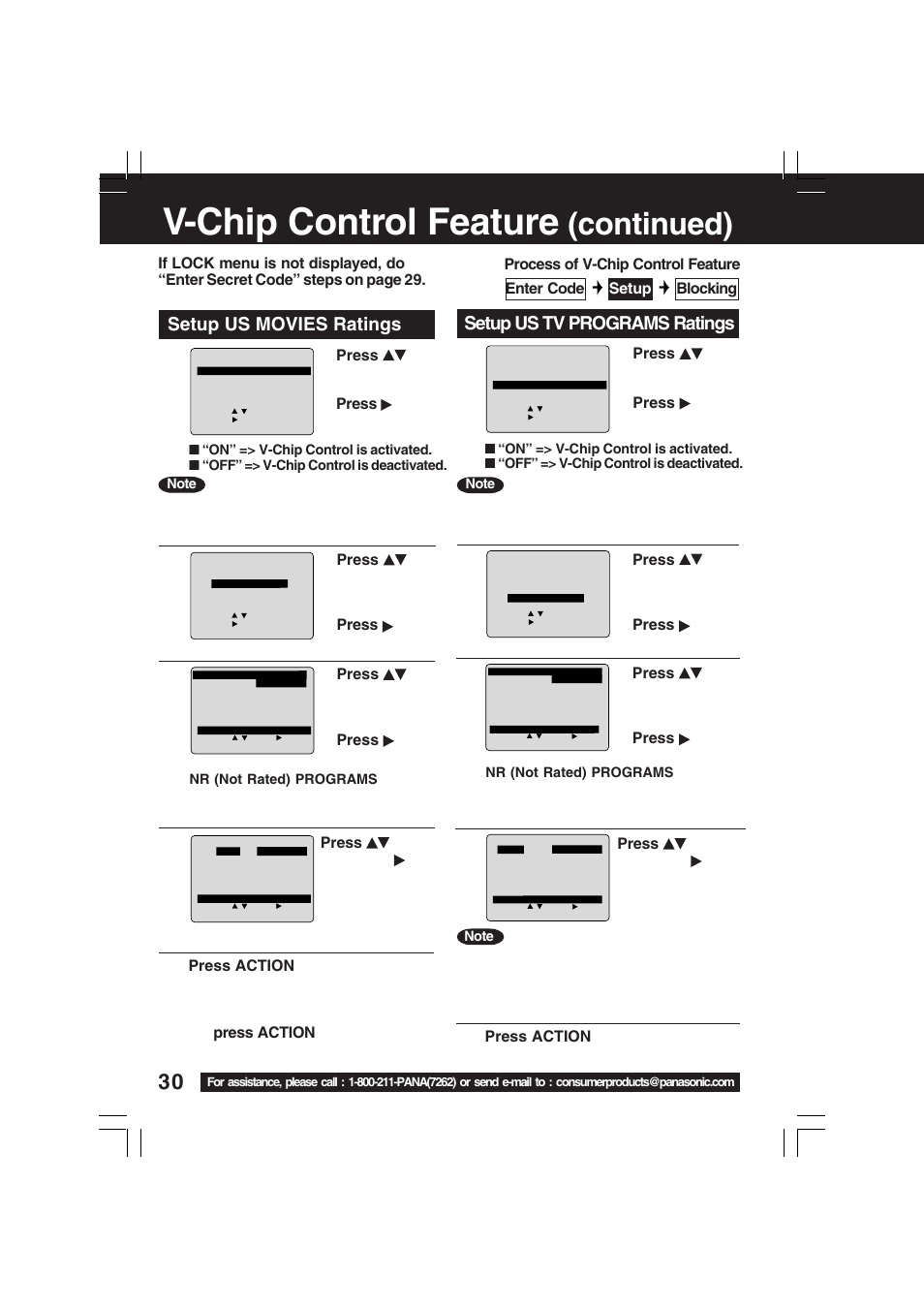 V-chip control feature, Continued), Setup us movies ratings | Setup us tv programs ratings | Panasonic PV-C1323A User Manual | Page 30 / 40