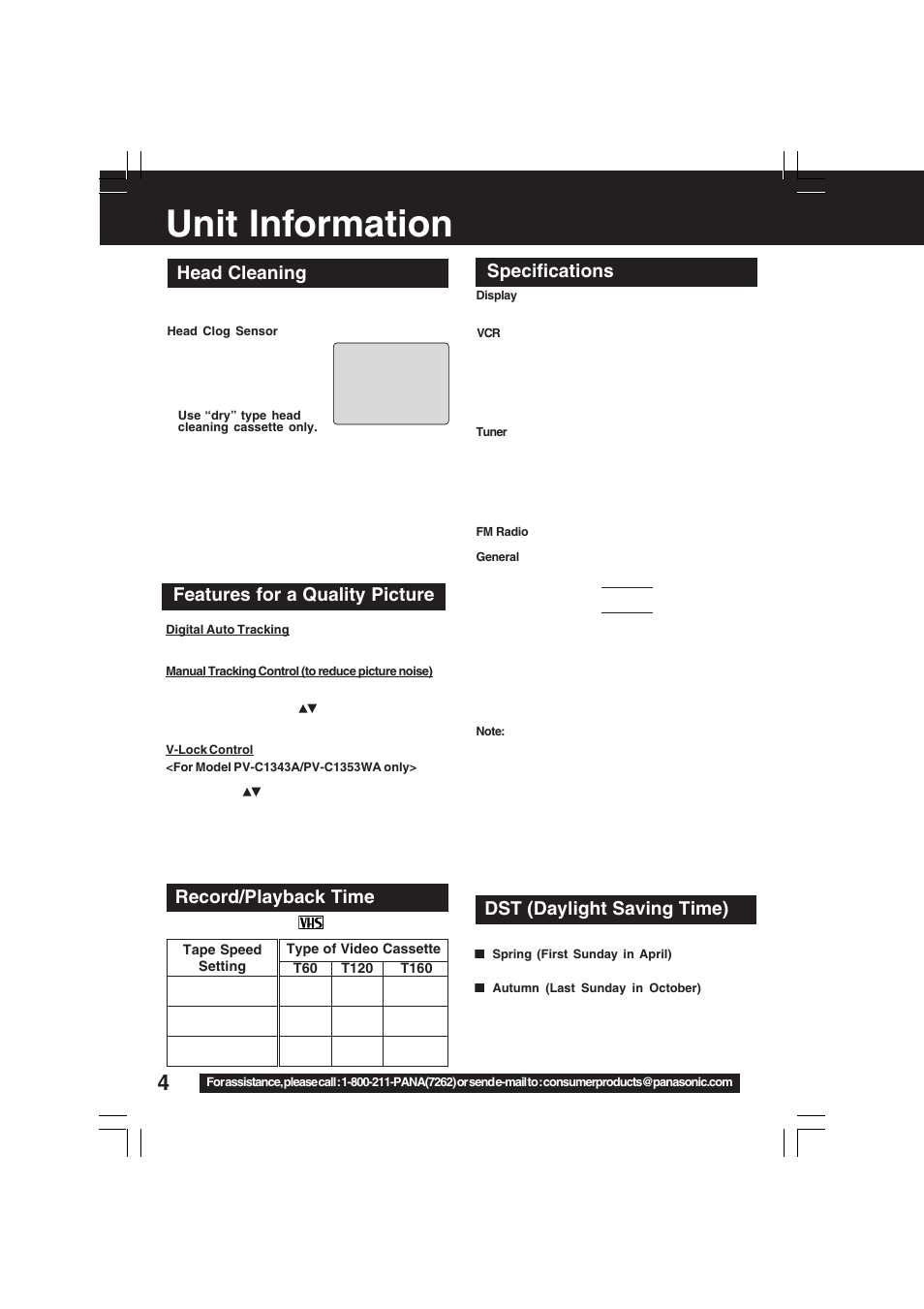 Before using, Unit information, Specifications | Head cleaning record/playback time, Dst (daylight saving time), Features for a quality picture | Panasonic PV-C1323A User Manual | Page 4 / 40