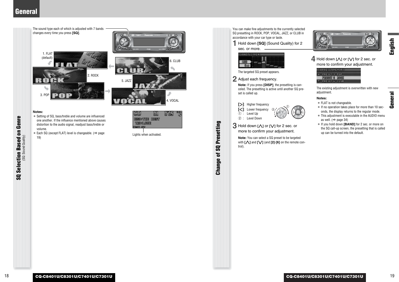 English, General, Sq selection based on genre | Change of sq presetting | Panasonic C7301U User Manual | Page 10 / 66