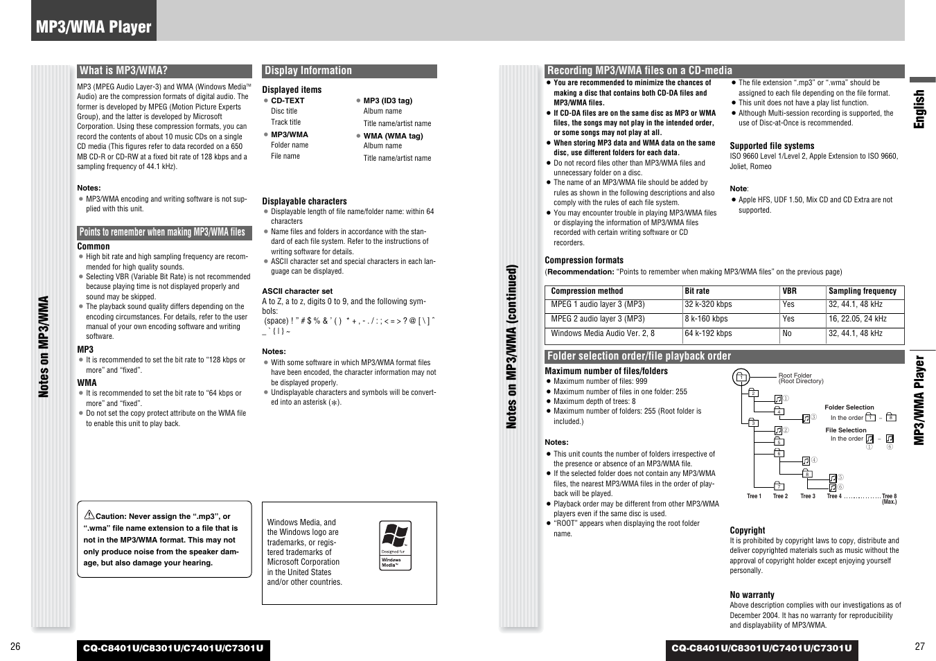 English, Mp3/wma player, What is mp3/wma | Points to remember when making mp3/wma files, Display information, Recording mp3/wma files on a cd-media, Folder selection order/file playback order | Panasonic C7301U User Manual | Page 14 / 66