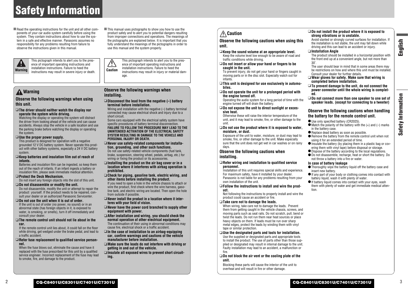 Safety information, English | Panasonic C7301U User Manual | Page 2 / 66