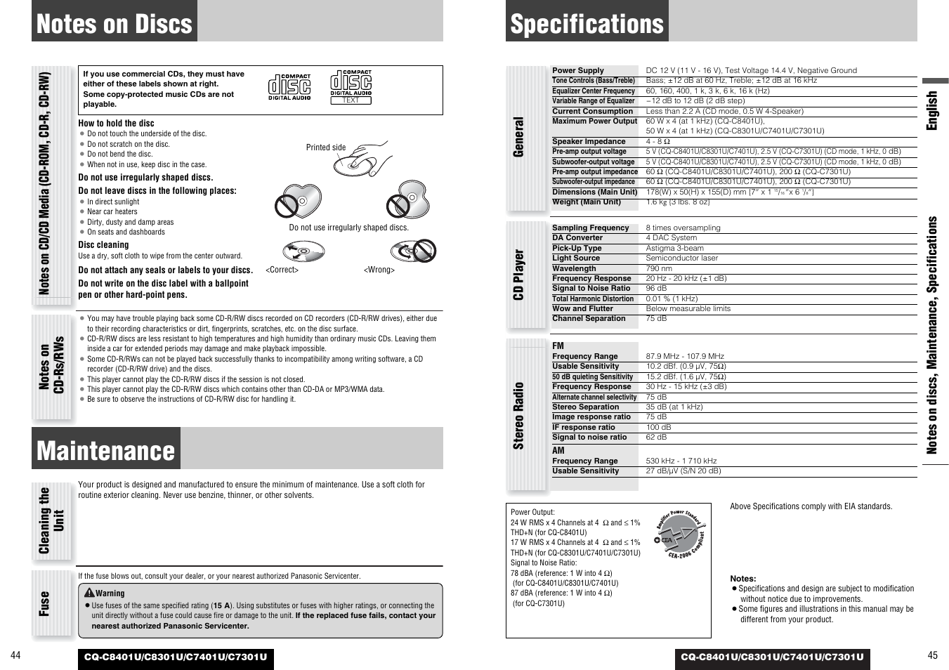 Notes on discs, Maintenance, Specifications | English, General, Cd player, Cleaning the unit fuse, Stereo radio | Panasonic C7301U User Manual | Page 23 / 66