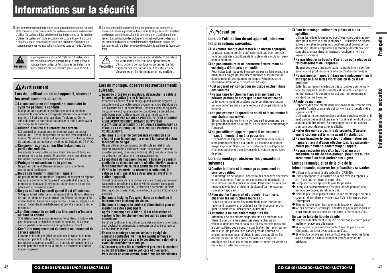 Informations sur la securite, Français, Informations sur la sécurité | Panasonic C7301U User Manual | Page 24 / 66