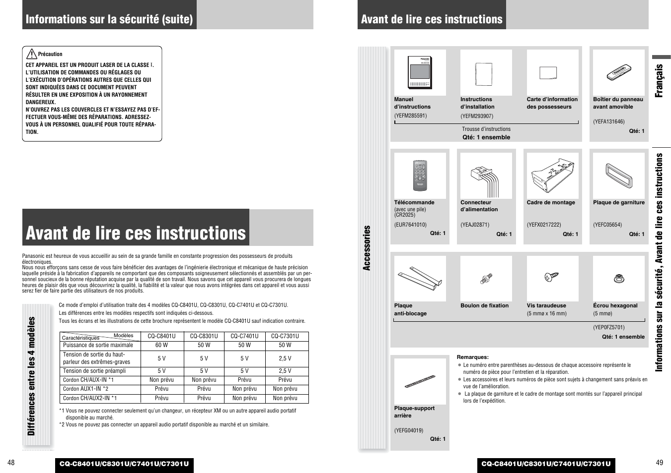 Avant de lire ces instructions, Informations sur la sécurité (suite) | Panasonic C7301U User Manual | Page 25 / 66