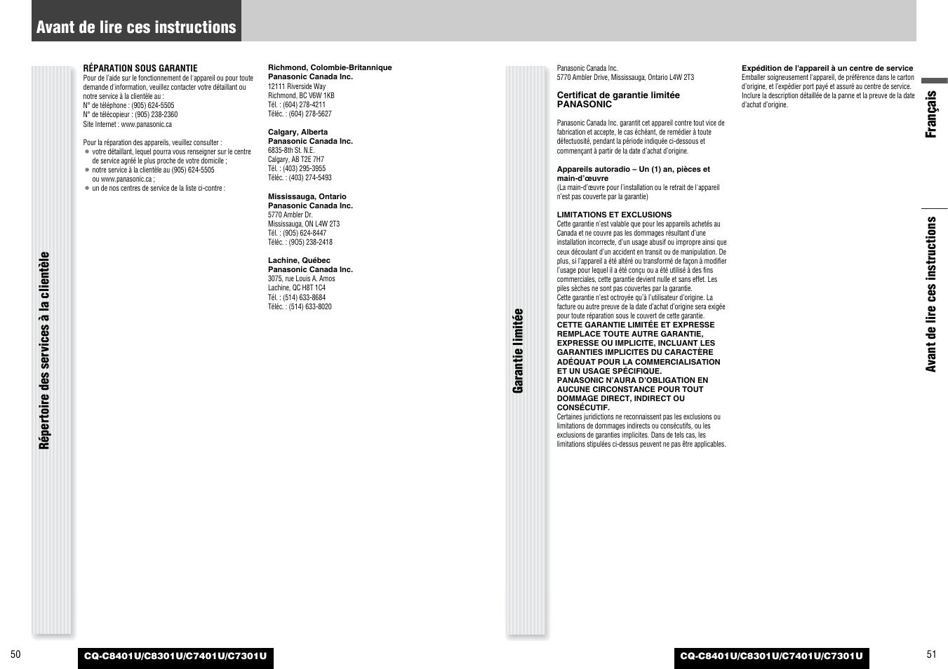 Avant de lire ces instructions, Français | Panasonic C7301U User Manual | Page 26 / 66