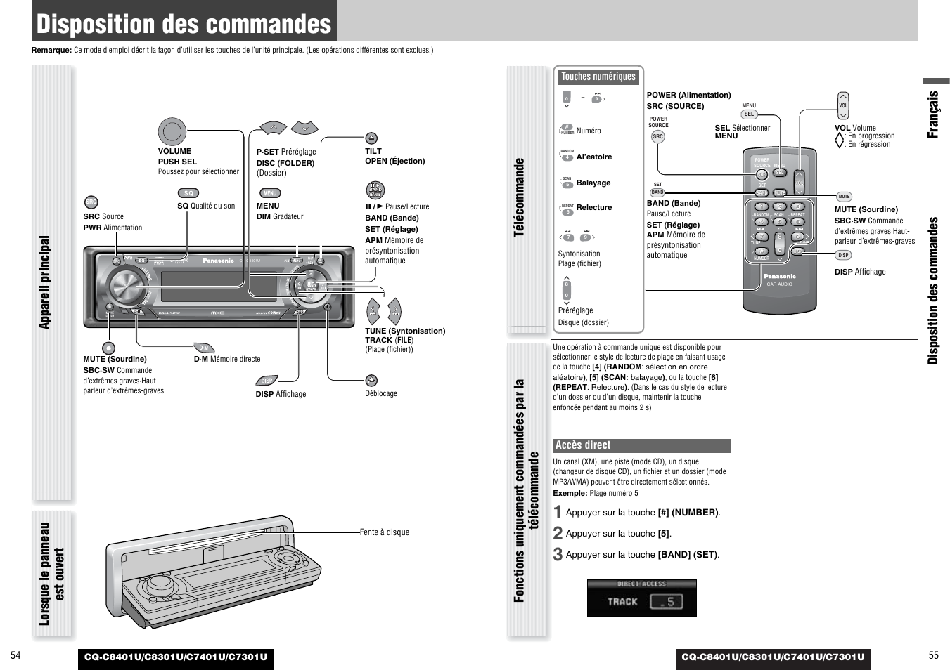Disposition des commandes, Français, Lorsque le panneau est ouvert | Accès direct, Touches numériques | Panasonic C7301U User Manual | Page 28 / 66