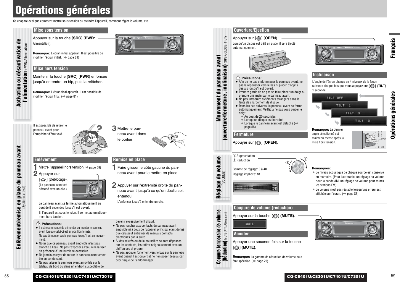 Operations generales, Opérations générales, Français | Réglage de volume, Coupure temporaire de volume (réduction), Enlèvement/remise en place du panneau avant | Panasonic C7301U User Manual | Page 30 / 66