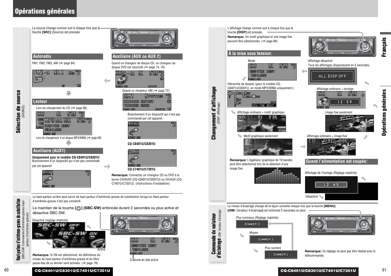 Français, Opérations générales, Haut-parleur d’extrêmes-graves de substitution | Sélection de source, Changement d’affichage, Commande de variateur d’éclairage, Autoradio, Lecteur, Auxiliaire (aux1), Auxiliaire (aux ou aux 2) | Panasonic C7301U User Manual | Page 31 / 66