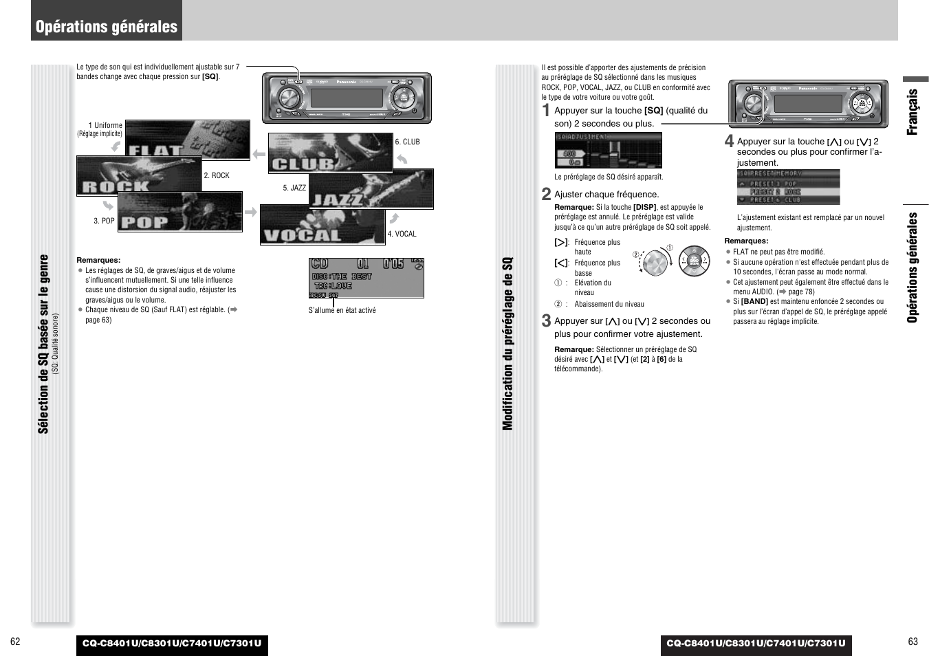 Français, Opérations générales, Sélection de sq basée sur le genre | Modification du préréglage de sq | Panasonic C7301U User Manual | Page 32 / 66