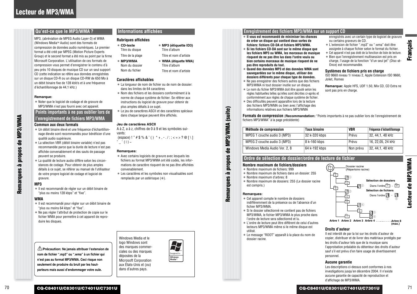 Français, Lecteur de mp3/wma, Qu’est-ce que le mp3/wma | Informations affichées | Panasonic C7301U User Manual | Page 36 / 66