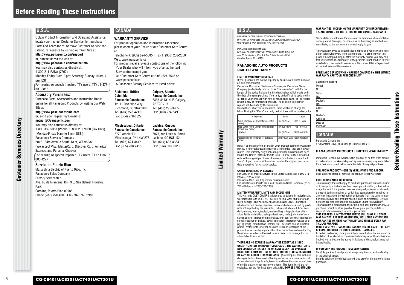 Before reading these instructions, U.s.a, Canada | Panasonic C7301U User Manual | Page 4 / 66