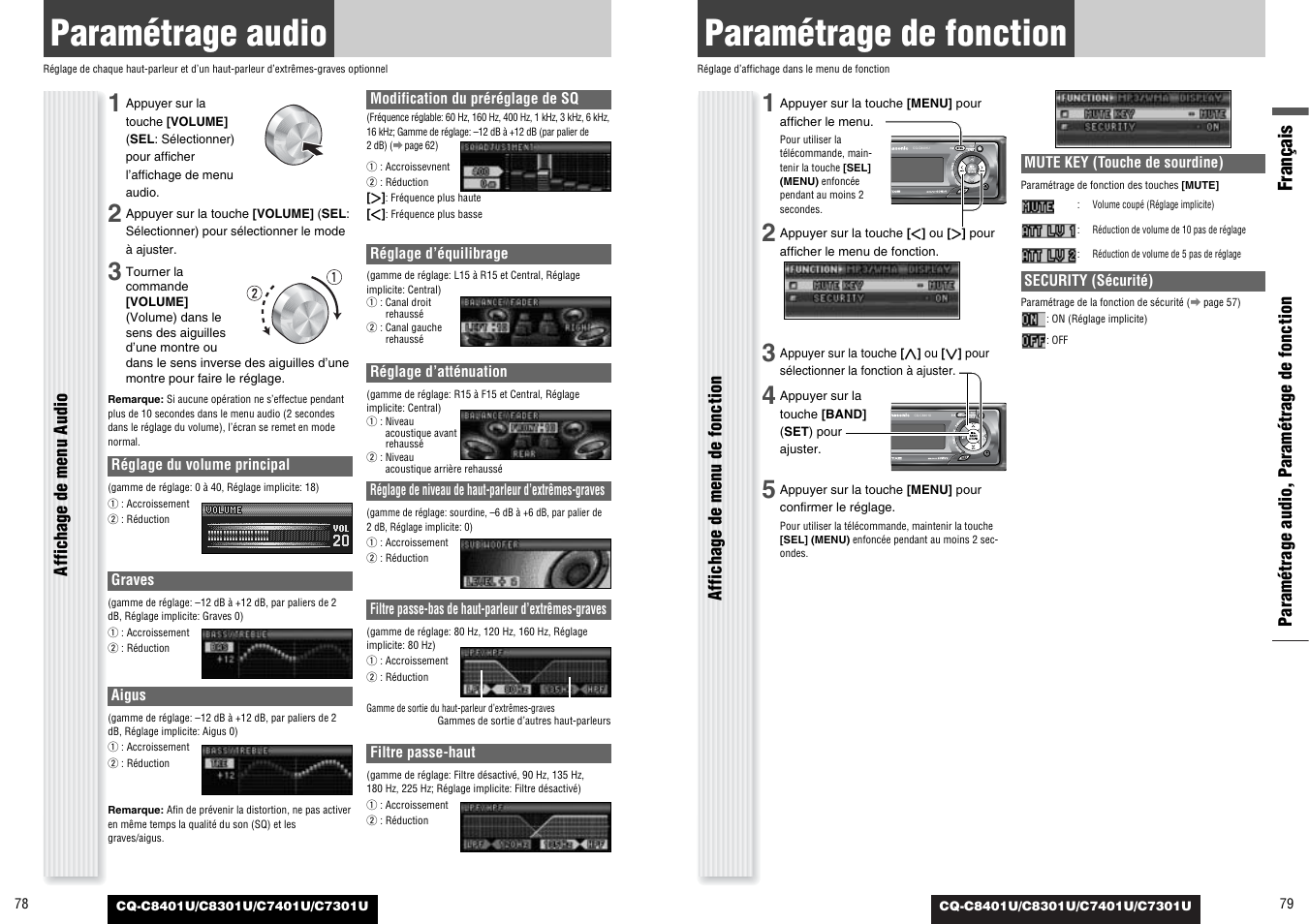 Parametrage audio, Parametrage de fonction, Paramétrage de fonction | Paramétrage audio, Français | Panasonic C7301U User Manual | Page 40 / 66