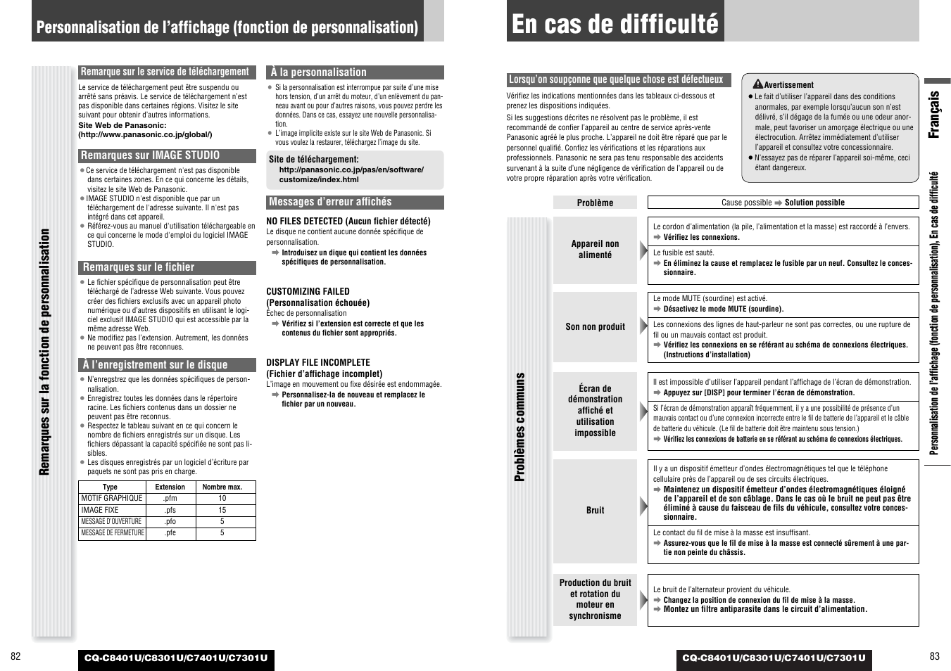 En cas de difficulte, En cas de difficulté, Français | Problèmes communs, Remarques sur la fonction de personnalisation | Panasonic C7301U User Manual | Page 42 / 66