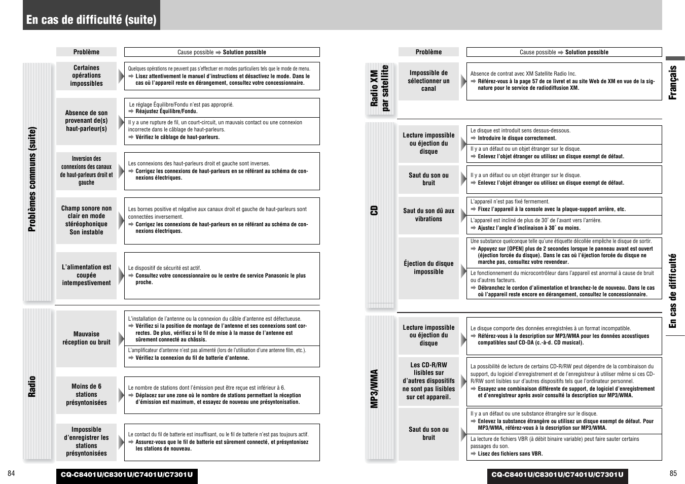En cas de difficulté (suite), Français, En cas de difficulté problèmes communs (suite) | Radio, Cd radio xm par satellite, Mp3/wma | Panasonic C7301U User Manual | Page 43 / 66