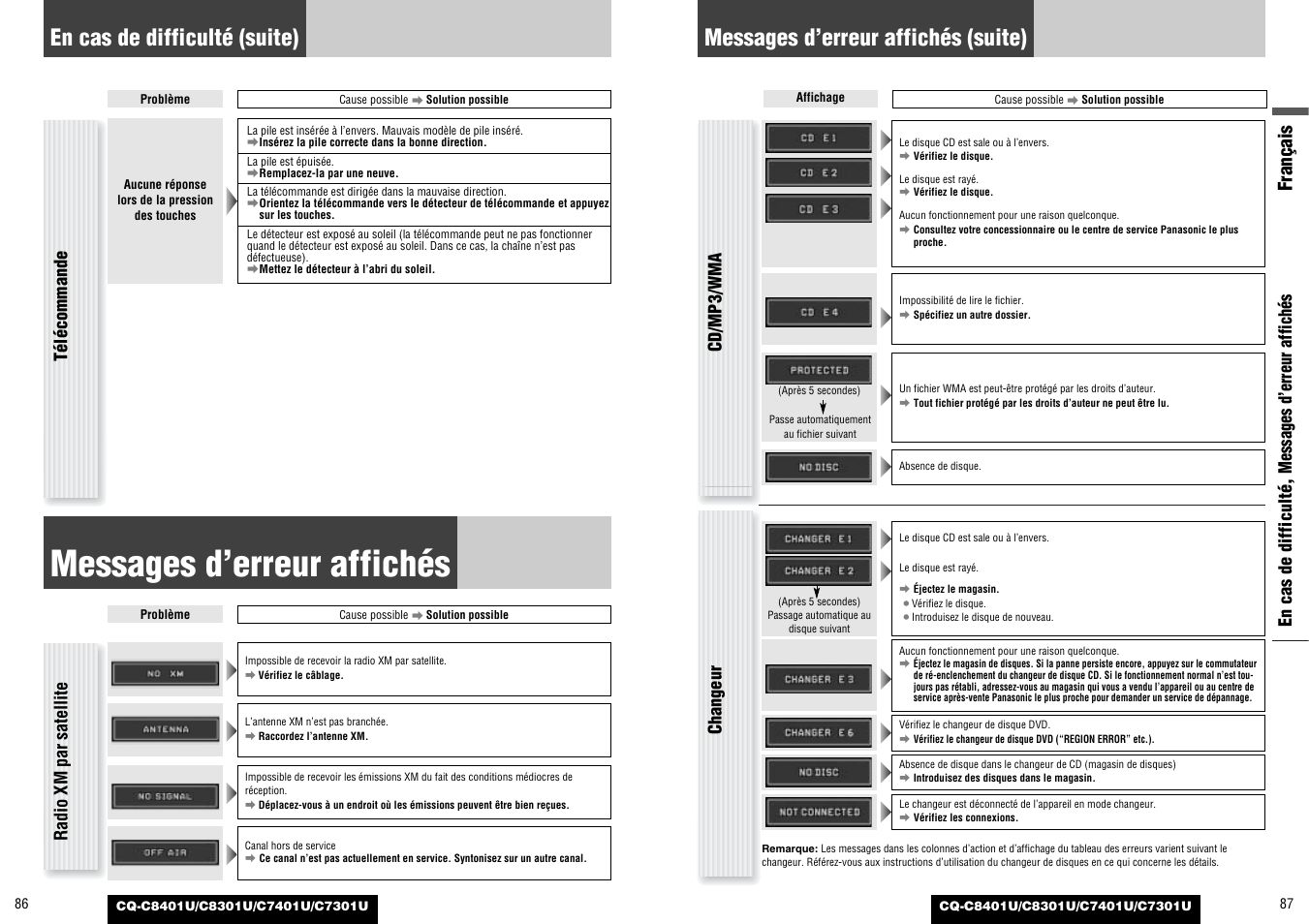 Messages d erreur affiches, Messages d’erreur affichés, Messages d’erreur affichés (suite) | En cas de difficulté (suite), Français, Radio xm par satellite, En cas de difficulté, messages d’erreur affichés, Cd/mp3/wma, Changeur, Télécommande | Panasonic C7301U User Manual | Page 44 / 66