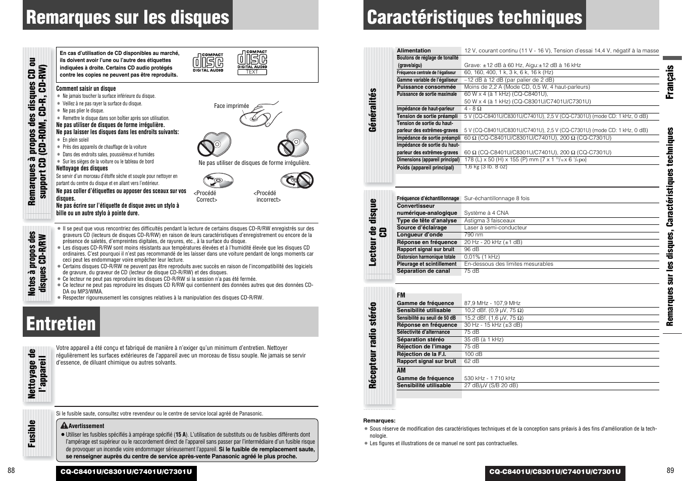 Remarques sur les disques, Entretien, Caracteristiques techniques | Caractéristiques techniques, Français, Généralités, Lecteur de disque cd, Nettoyage de l’appareil fusible, Récepteur radio stéréo | Panasonic C7301U User Manual | Page 45 / 66