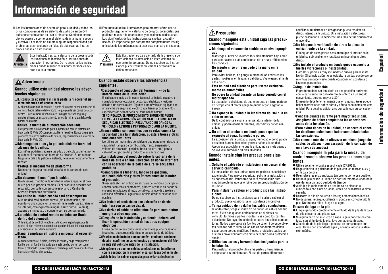 Informacion de seguridad, Español, Información de seguridad | Panasonic C7301U User Manual | Page 46 / 66