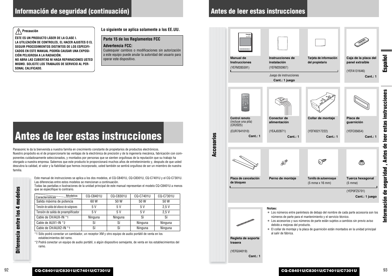 Antes de leer estas instrucciones, Información de seguridad (continuación) | Panasonic C7301U User Manual | Page 47 / 66