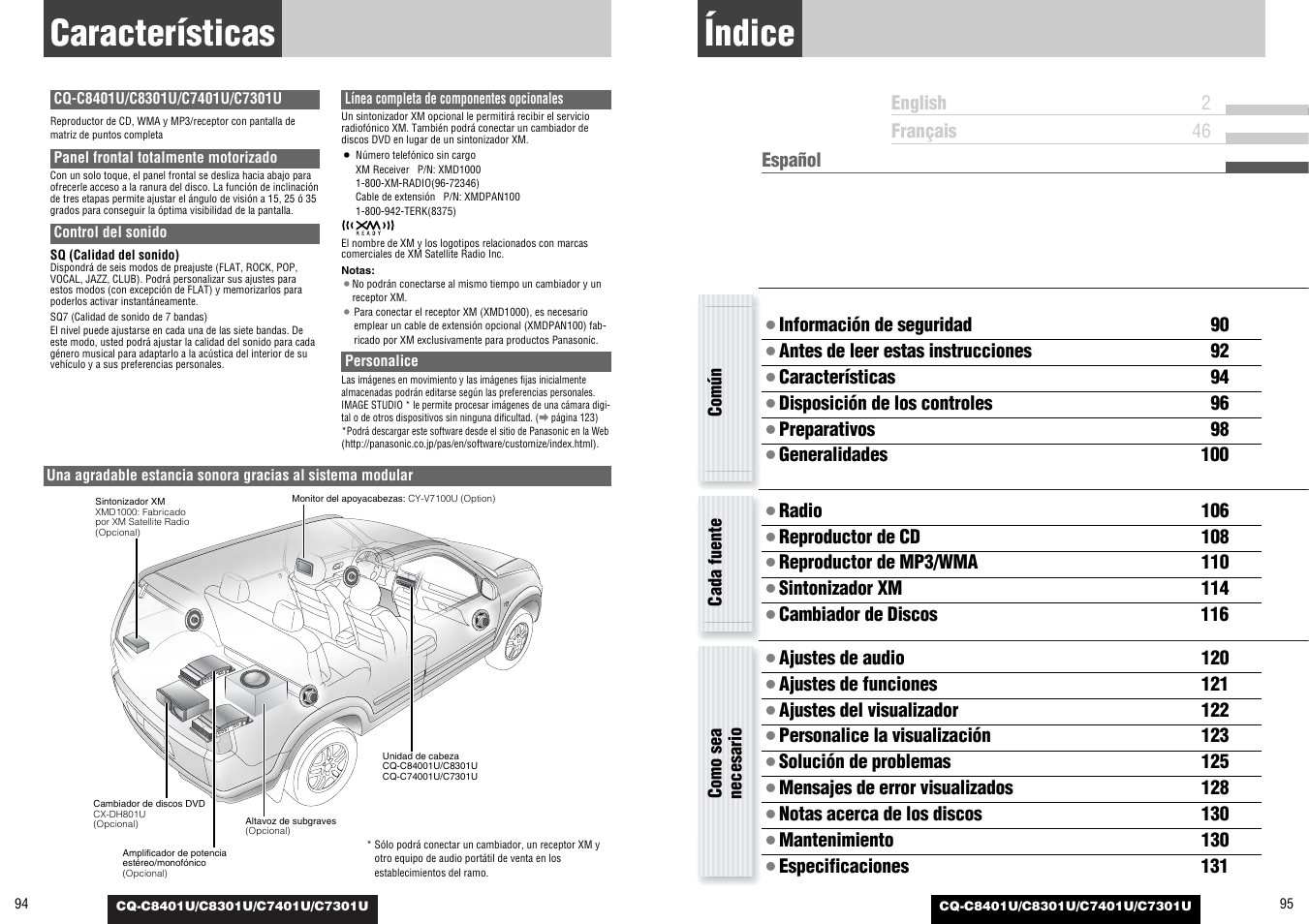 Indice, Caracteristicas, Características | Índice | Panasonic C7301U User Manual | Page 48 / 66