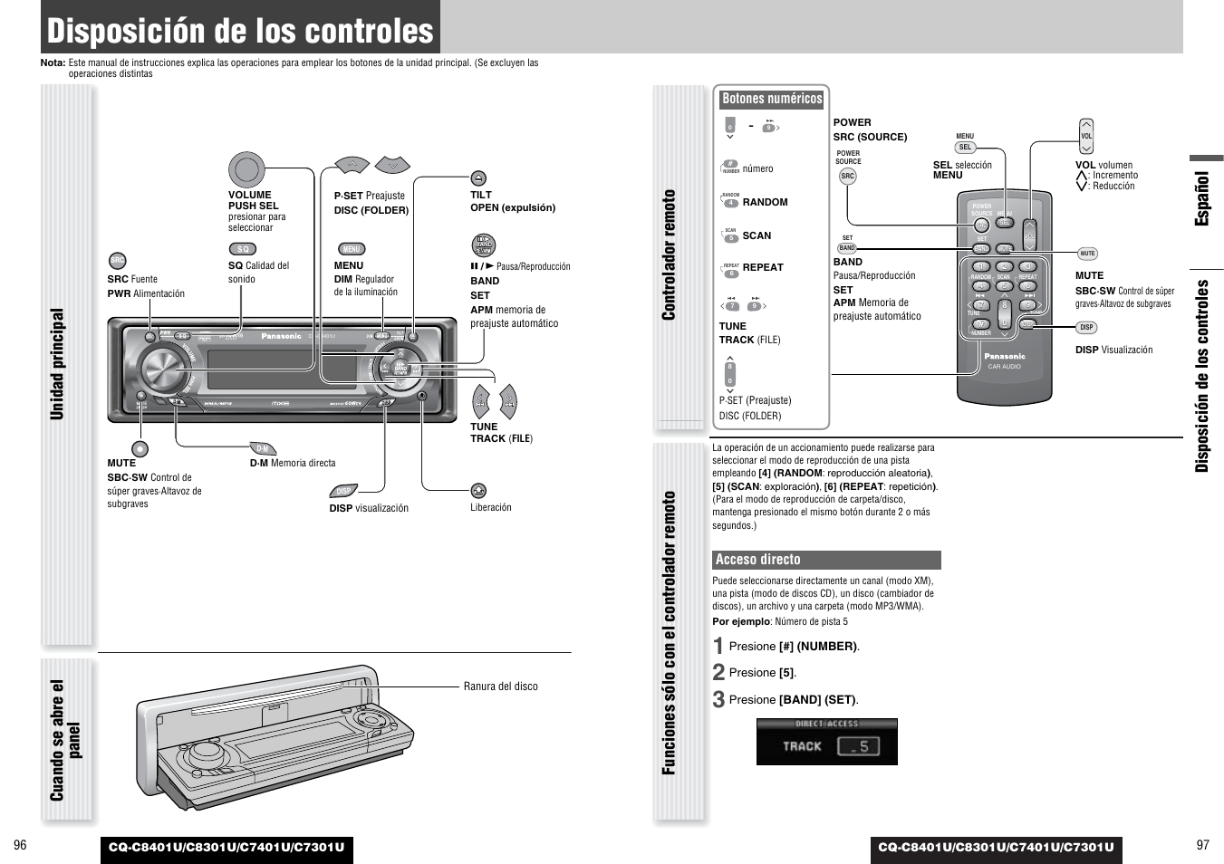Disposicion de los controles, Disposición de los controles, Español | Cuando se abre el panel, Acceso directo, Botones numéricos | Panasonic C7301U User Manual | Page 49 / 66