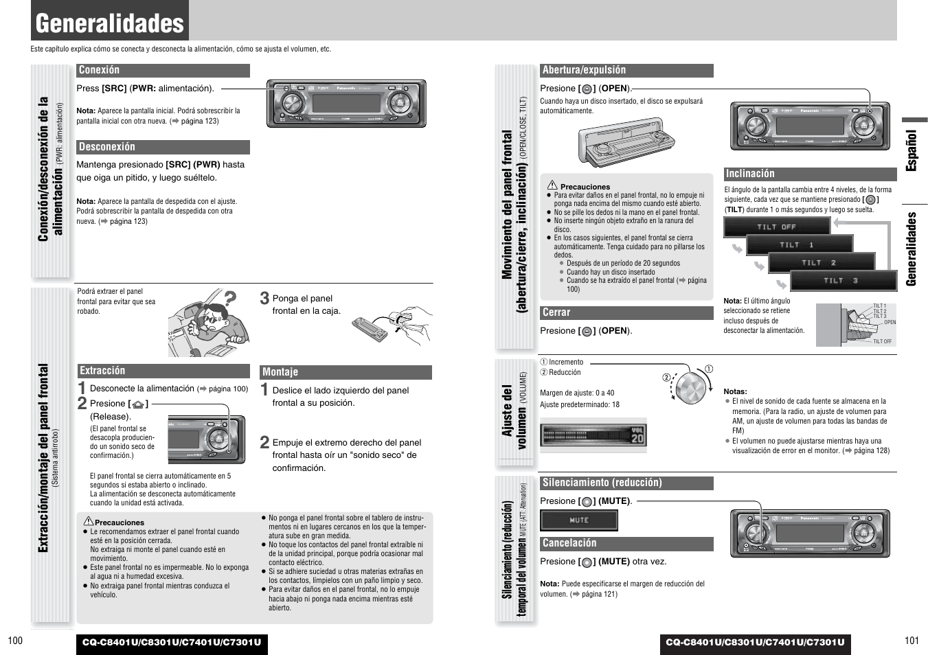 Generalidades, Español, Ajuste del volumen | Silenciamiento (reducción) temporal del volumen, Extracción/montaje del panel frontal | Panasonic C7301U User Manual | Page 51 / 66