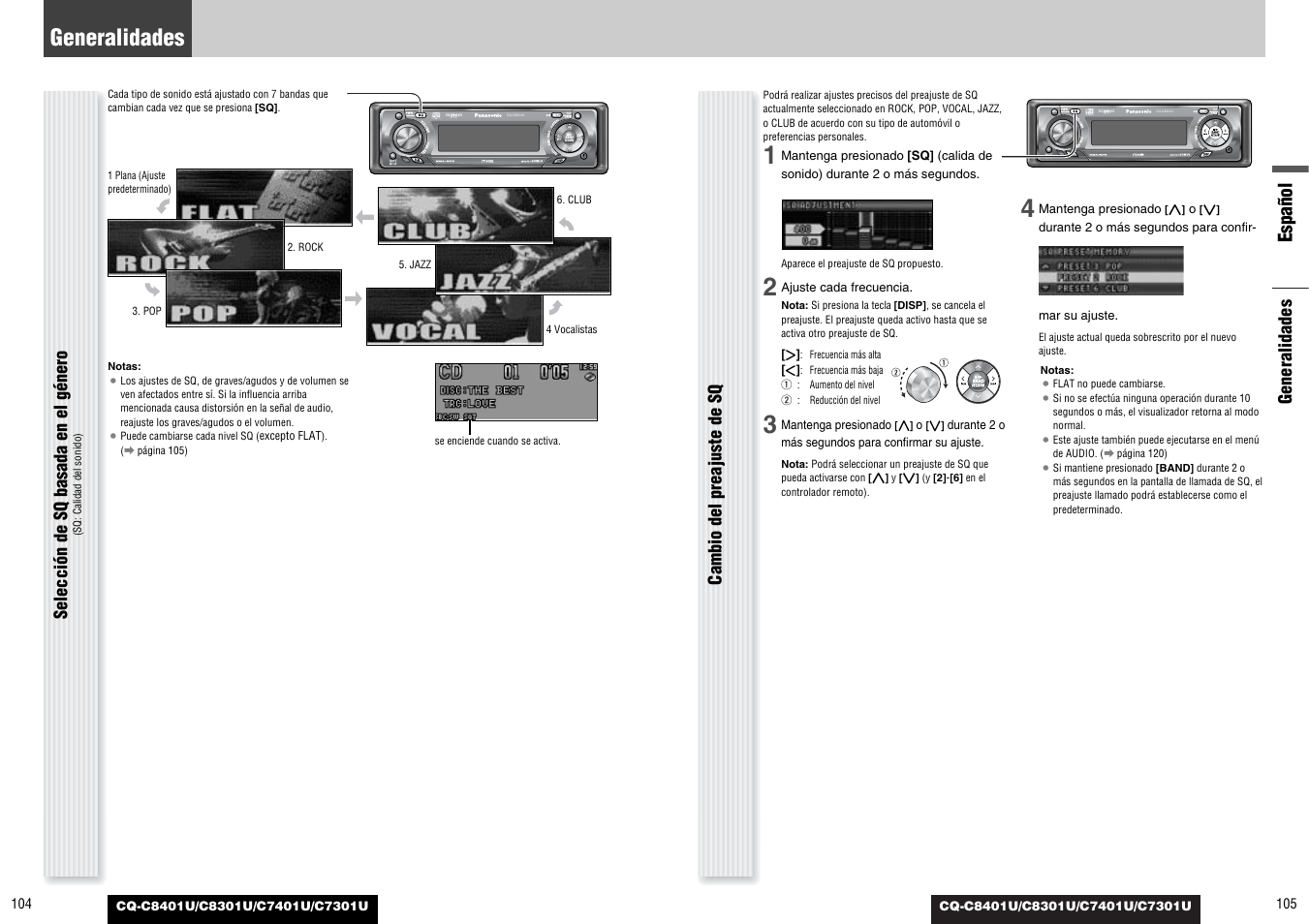 Español, Generalidades, Selección de sq basada en el género | Cambio del preajuste de sq | Panasonic C7301U User Manual | Page 53 / 66