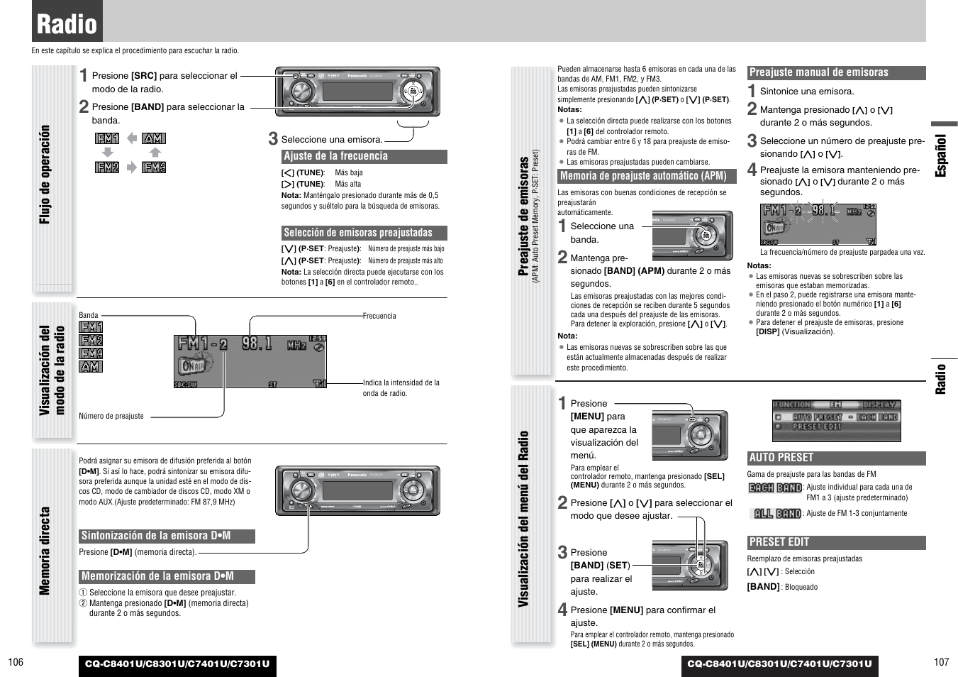 Radio, Español | Panasonic C7301U User Manual | Page 54 / 66