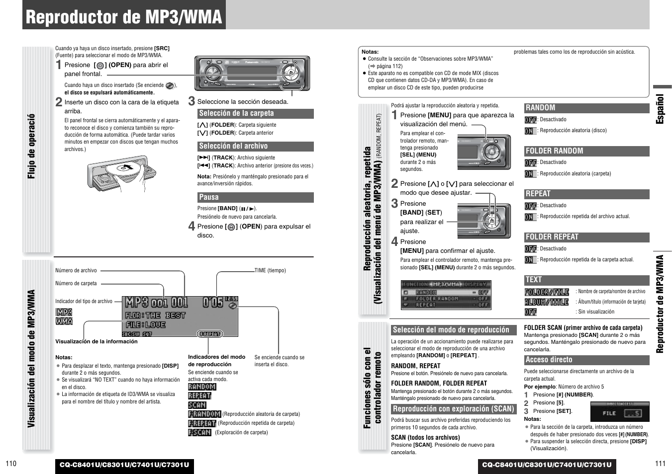 Reproductor de mp3/wma, Español | Panasonic C7301U User Manual | Page 56 / 66