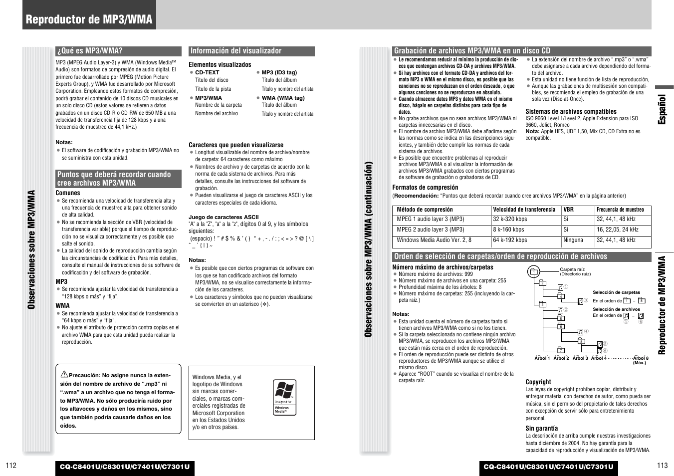 Español, Reproductor de mp3/wma, Qué es mp3/wma | Información del visualizador, Grabación de archivos mp3/wma en un disco cd | Panasonic C7301U User Manual | Page 57 / 66