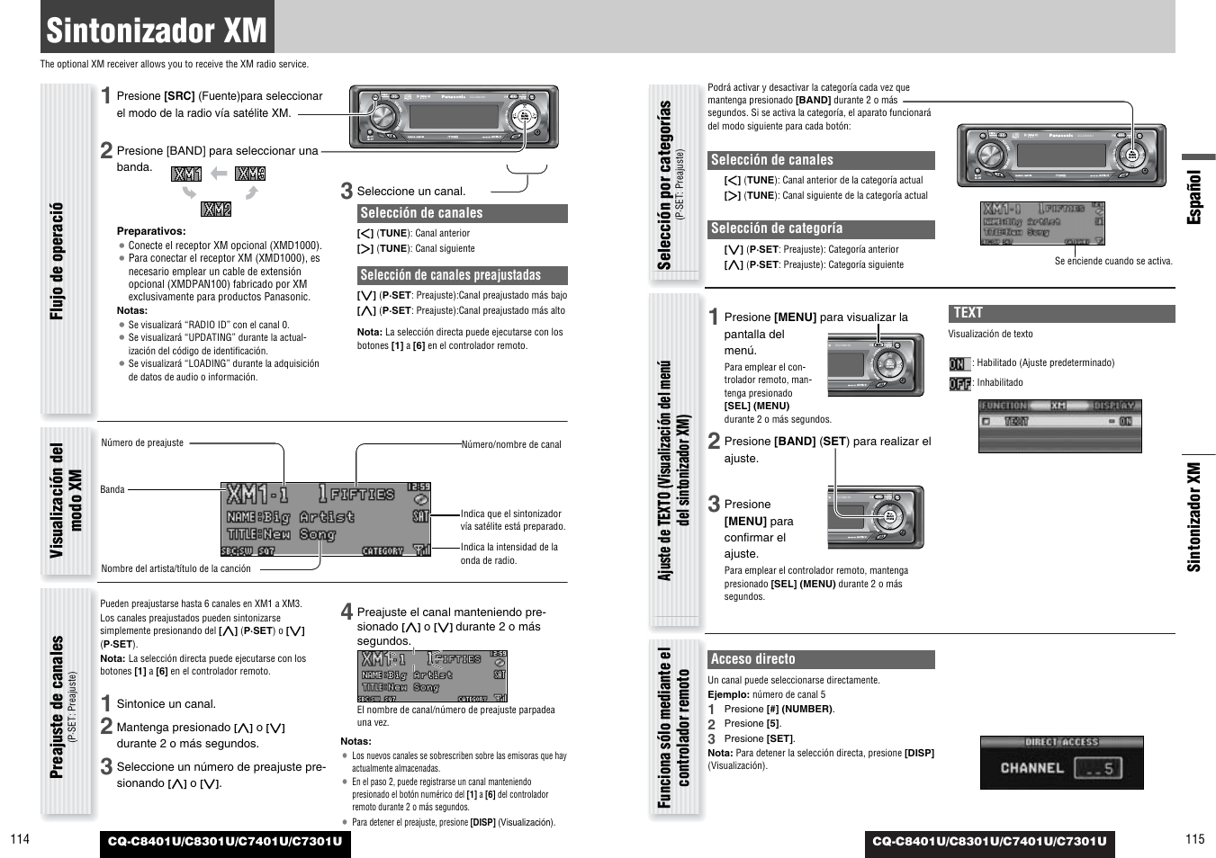Sintonizador xm, Español | Panasonic C7301U User Manual | Page 58 / 66