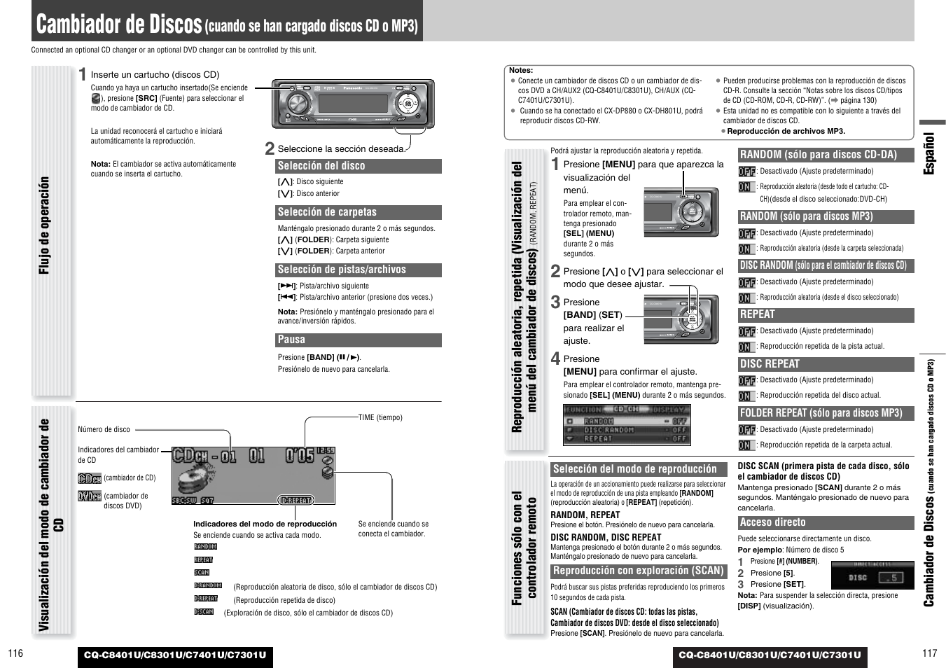Cambiador de discos, Cuando se han cargado discos cd o mp3), Español | Panasonic C7301U User Manual | Page 59 / 66