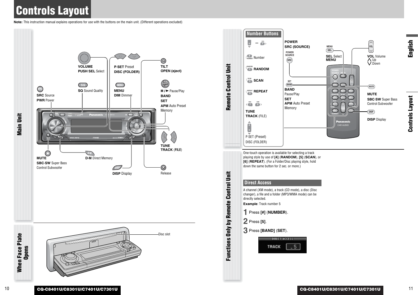 Controls layout, English, When face plate opens | Direct access, Number buttons | Panasonic C7301U User Manual | Page 6 / 66