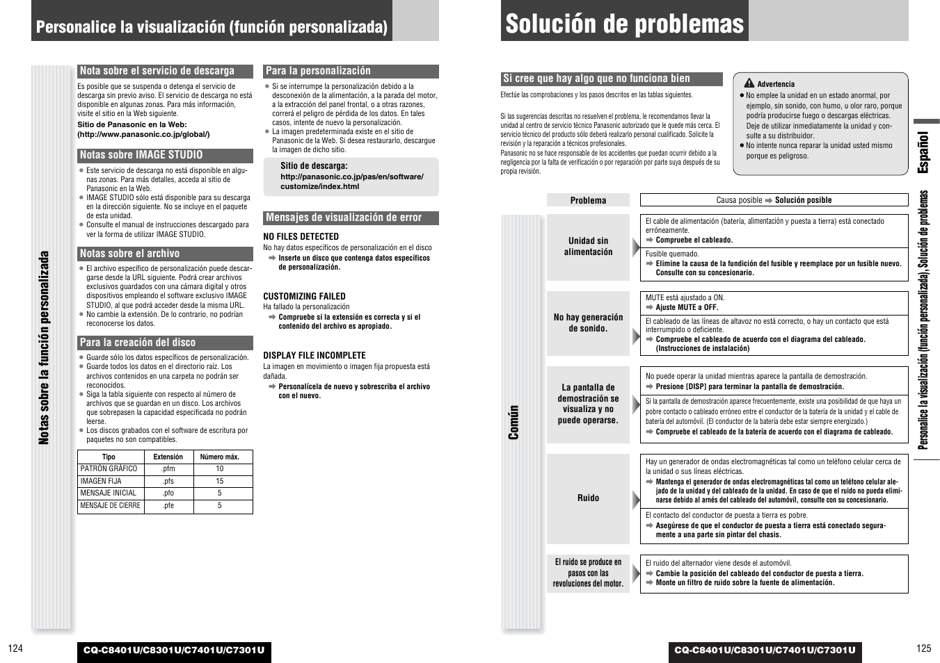 Solucion de problemas, Solución de problemas, Español | Común, Notas sobre la función personalizada | Panasonic C7301U User Manual | Page 63 / 66