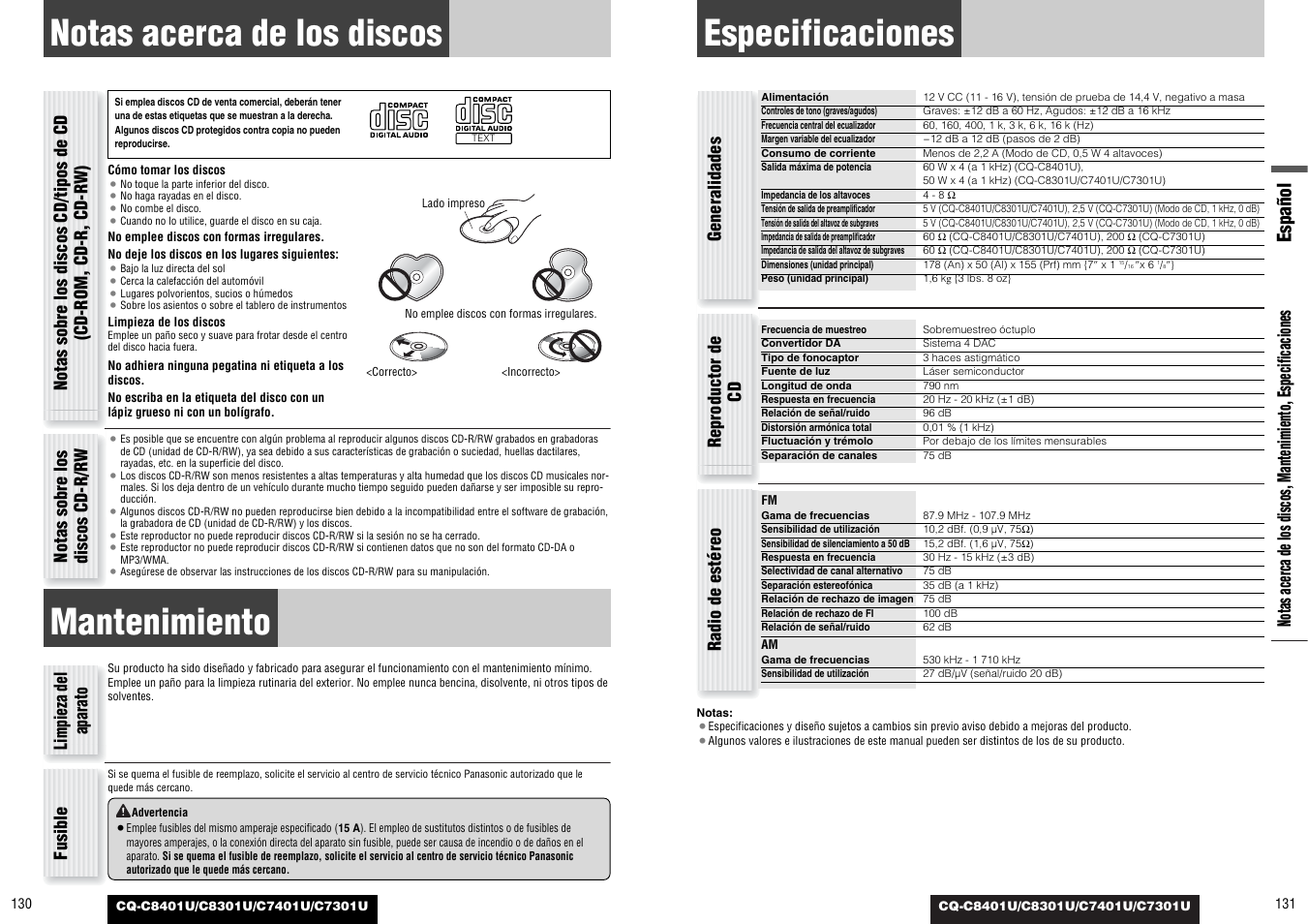 Notas acerca de los discos, Mantenimiento, Especificaciones | Español, Generalidades, Reproductor de cd radio de estéreo, Notas sobre los discos cd-r/rw, Limpieza del aparato fusible | Panasonic C7301U User Manual | Page 66 / 66