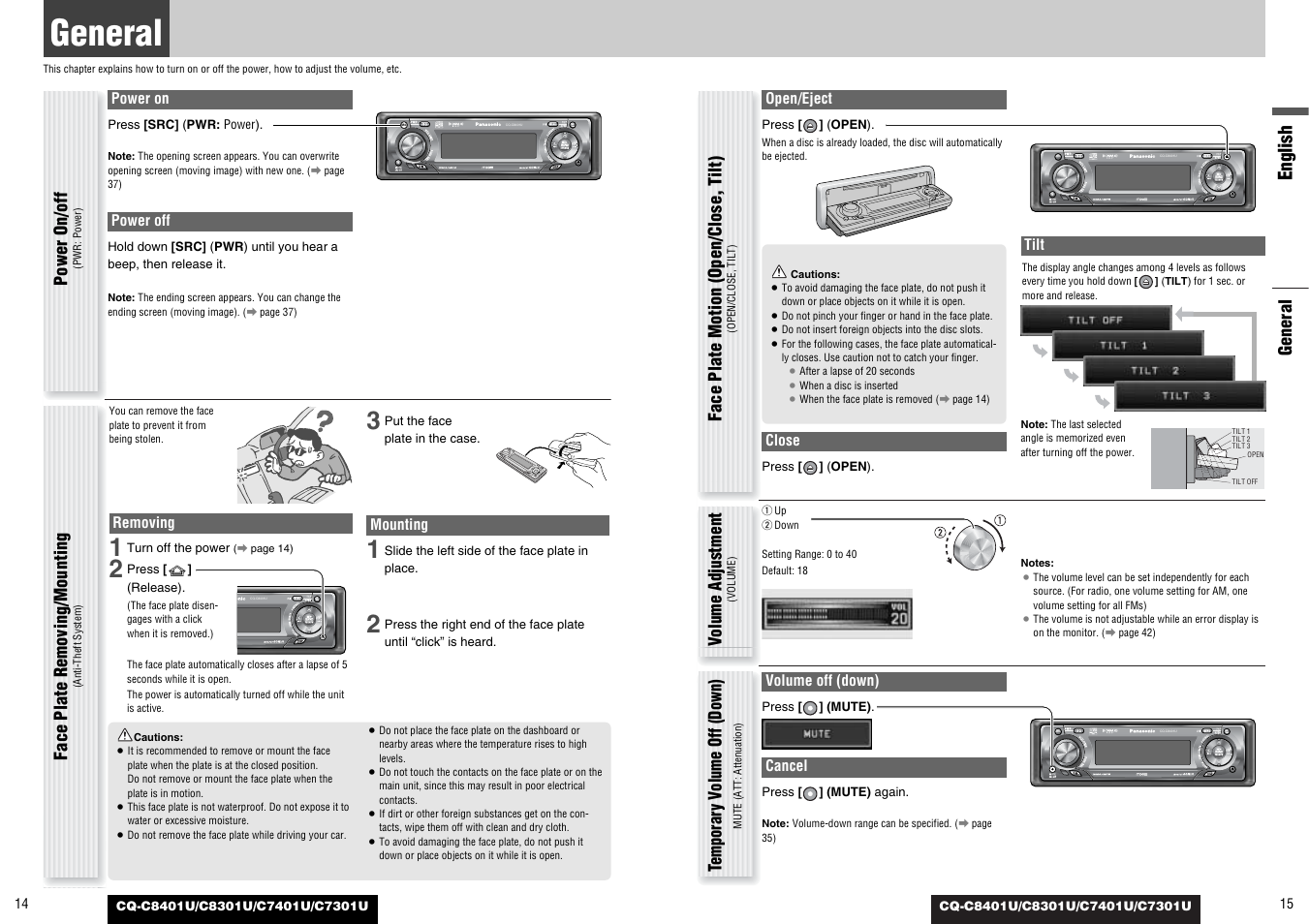 General, English, General power on/off | Face plate motion (open/close, t ilt), Volume adjustment, Temporar y v olume off (down), Face plate removing/mounting | Panasonic C7301U User Manual | Page 8 / 66