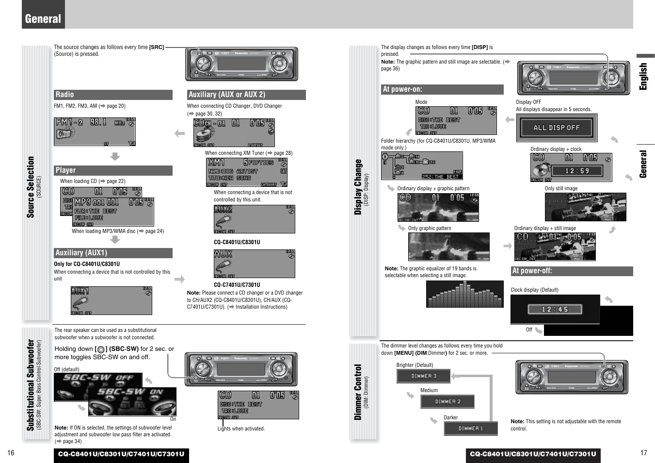 English, General, Substitutional subwoofer | Source selection, Display change, Dimmer control, Radio, Player, Auxiliary (aux1), Auxiliary (aux or aux 2) | Panasonic C7301U User Manual | Page 9 / 66