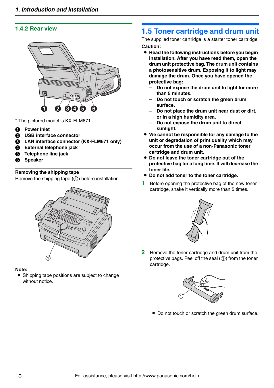 Installation, 5 toner cartridge and drum unit, Toner cartridge and drum unit | 5 toner cartridge and drum unit | Panasonic KX-FLM671 User Manual | Page 10 / 92
