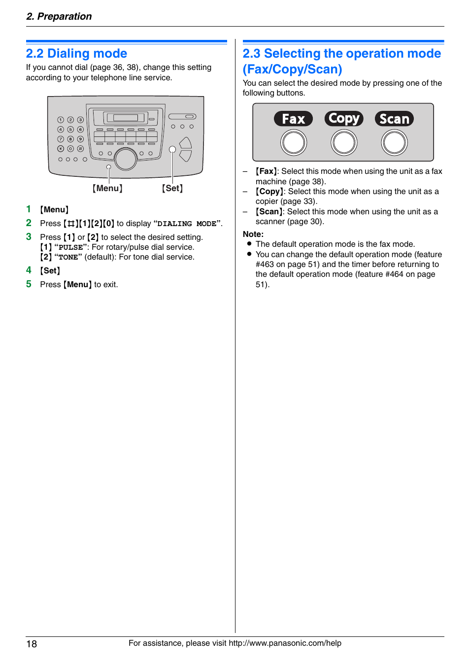 2 dialing mode, 3 selecting the operation mode (fax/copy/scan), Dialing mode | Selecting the operation mode (fax/copy/scan), 2 dialing mode, 3 selecting the operation mode (fax/copy/scan) | Panasonic KX-FLM671 User Manual | Page 18 / 92