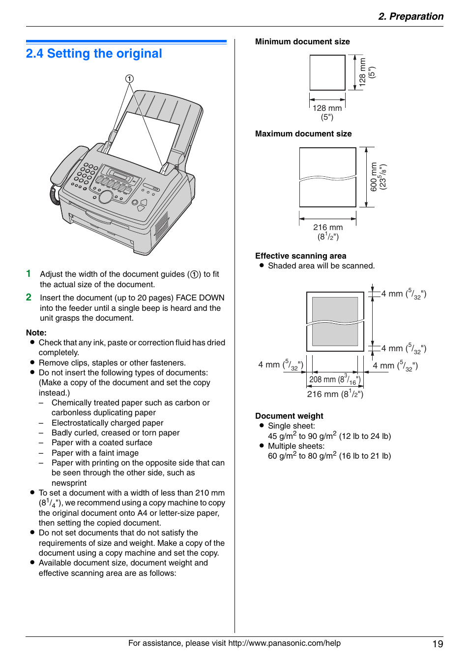 Document requirements, 4 setting the original, Setting the original | 4 setting the original, Preparation 19 | Panasonic KX-FLM671 User Manual | Page 19 / 92