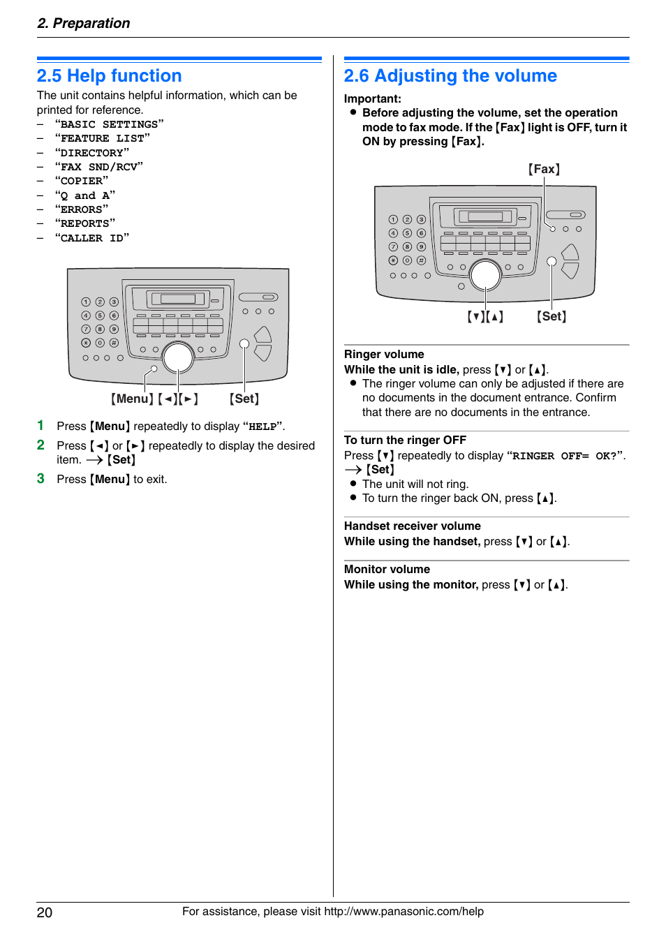Help, 5 help function, Volume | 6 adjusting the volume, Help function, Adjusting the volume, 5 help function, 6 adjusting the volume, Preparation 20 | Panasonic KX-FLM671 User Manual | Page 20 / 92