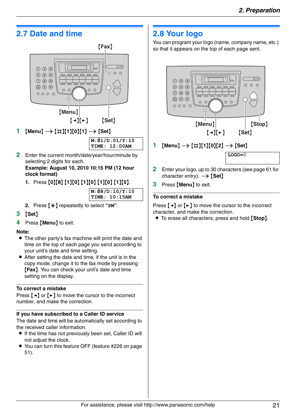 Initial programming, 7 date and time, 8 your logo | Date and time, Your logo, 7 date and time, 8 your logo | Panasonic KX-FLM671 User Manual | Page 21 / 92