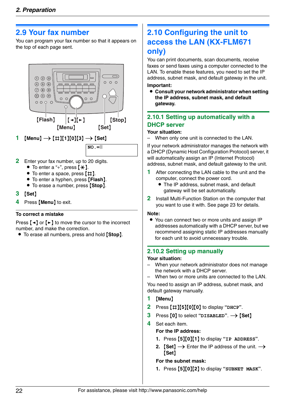 9 your fax number, Your fax number, Configuring the unit to access the lan (kx | Flm671 only), 9 your fax number | Panasonic KX-FLM671 User Manual | Page 22 / 92