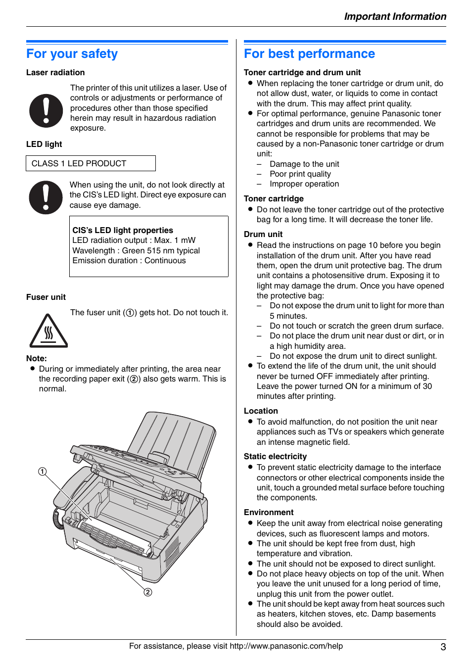 Important information, For your safety, For best performance | Important information 3 | Panasonic KX-FLM671 User Manual | Page 3 / 92