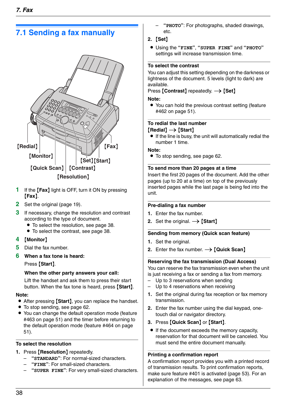 Sending faxes, 1 sending a fax manually, Sending a fax manually | 1 sending a fax manually, Fax 38 | Panasonic KX-FLM671 User Manual | Page 38 / 92