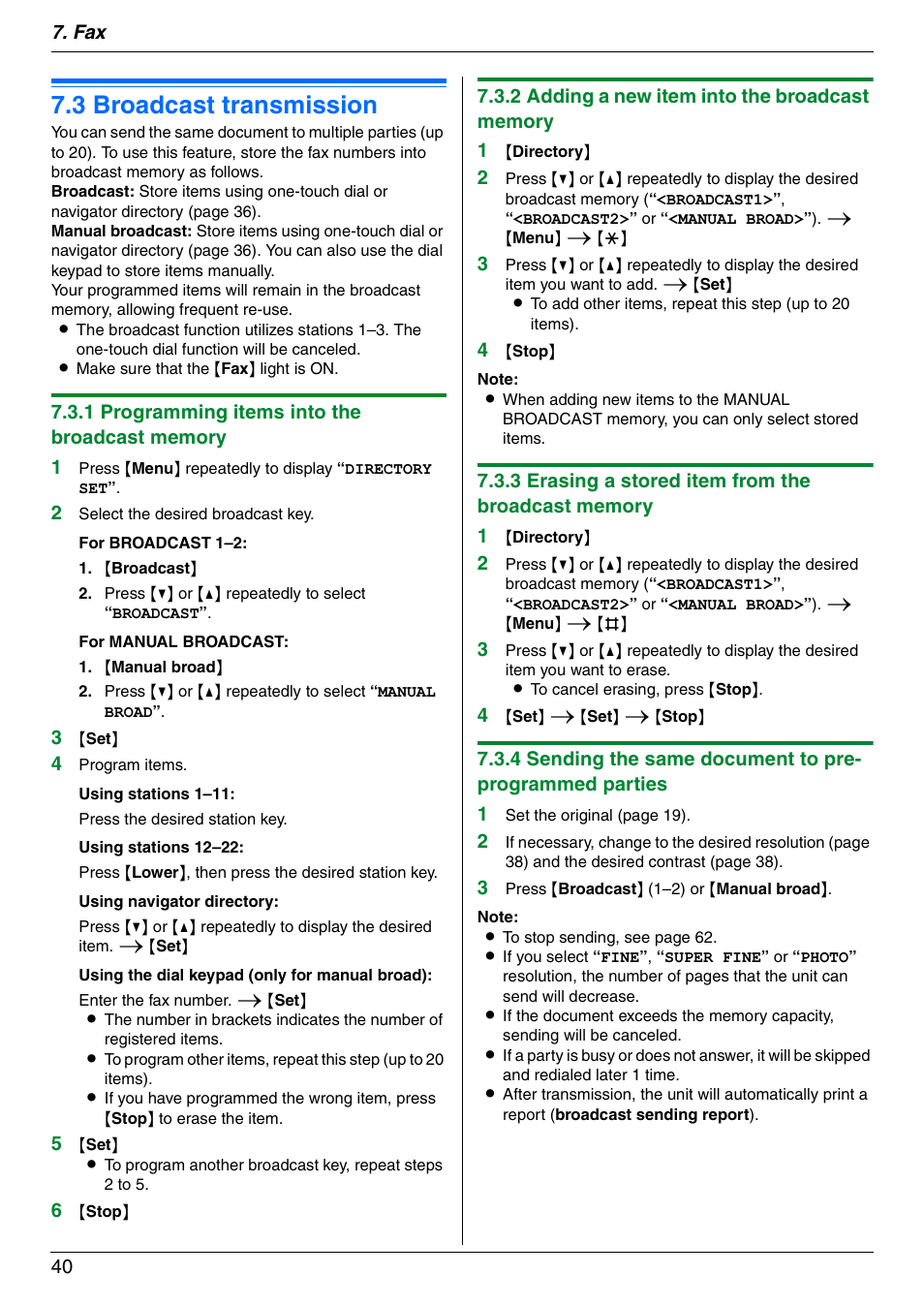 3 broadcast transmission, Broadcast transmission, 3 broadcast transmission | Panasonic KX-FLM671 User Manual | Page 40 / 92