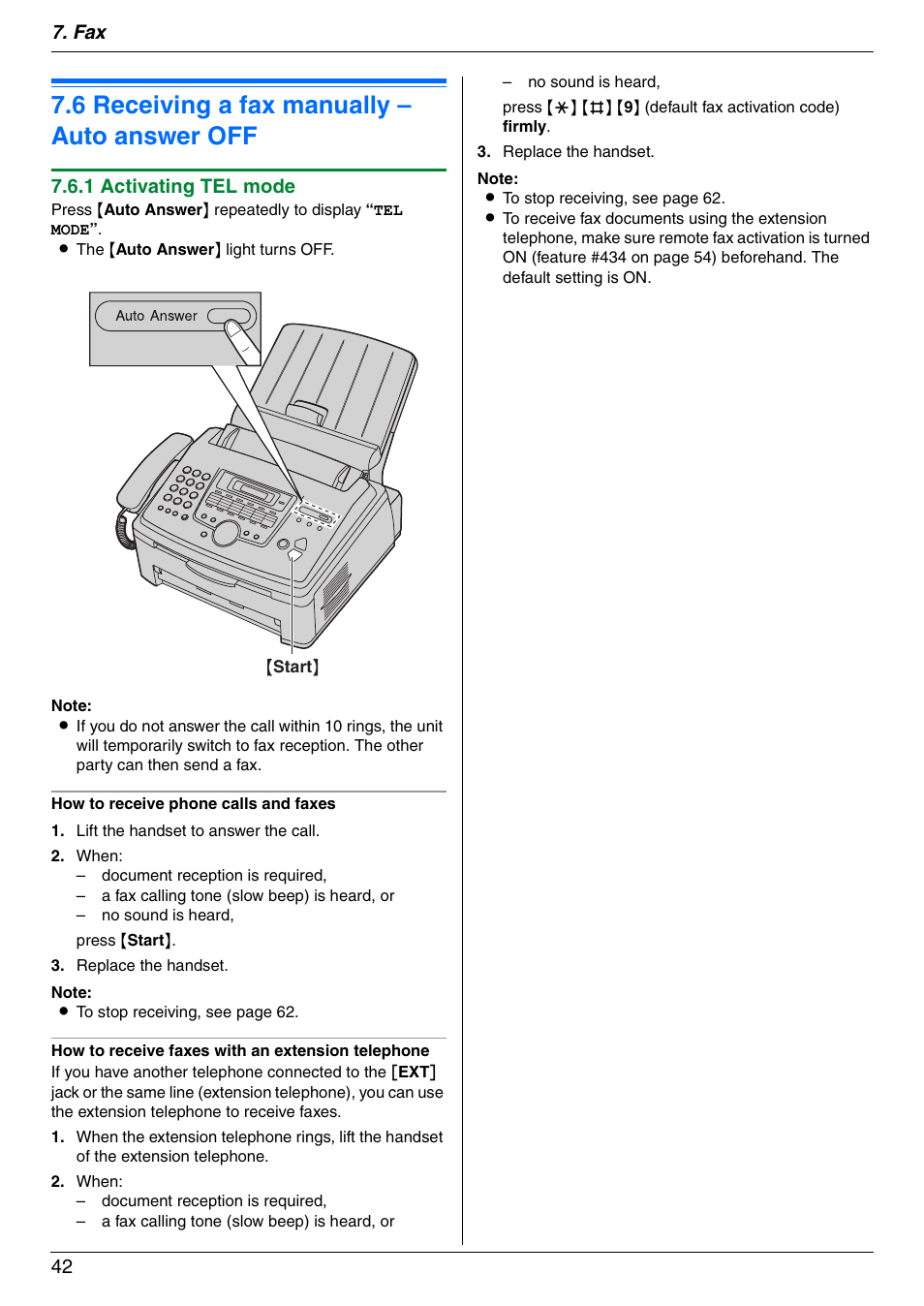 6 receiving a fax manually – auto answer off, Receiving a fax manually – auto answer off, 6 receiving a fax manually – auto answer off | Fax 42, 1 activating tel mode | Panasonic KX-FLM671 User Manual | Page 42 / 92